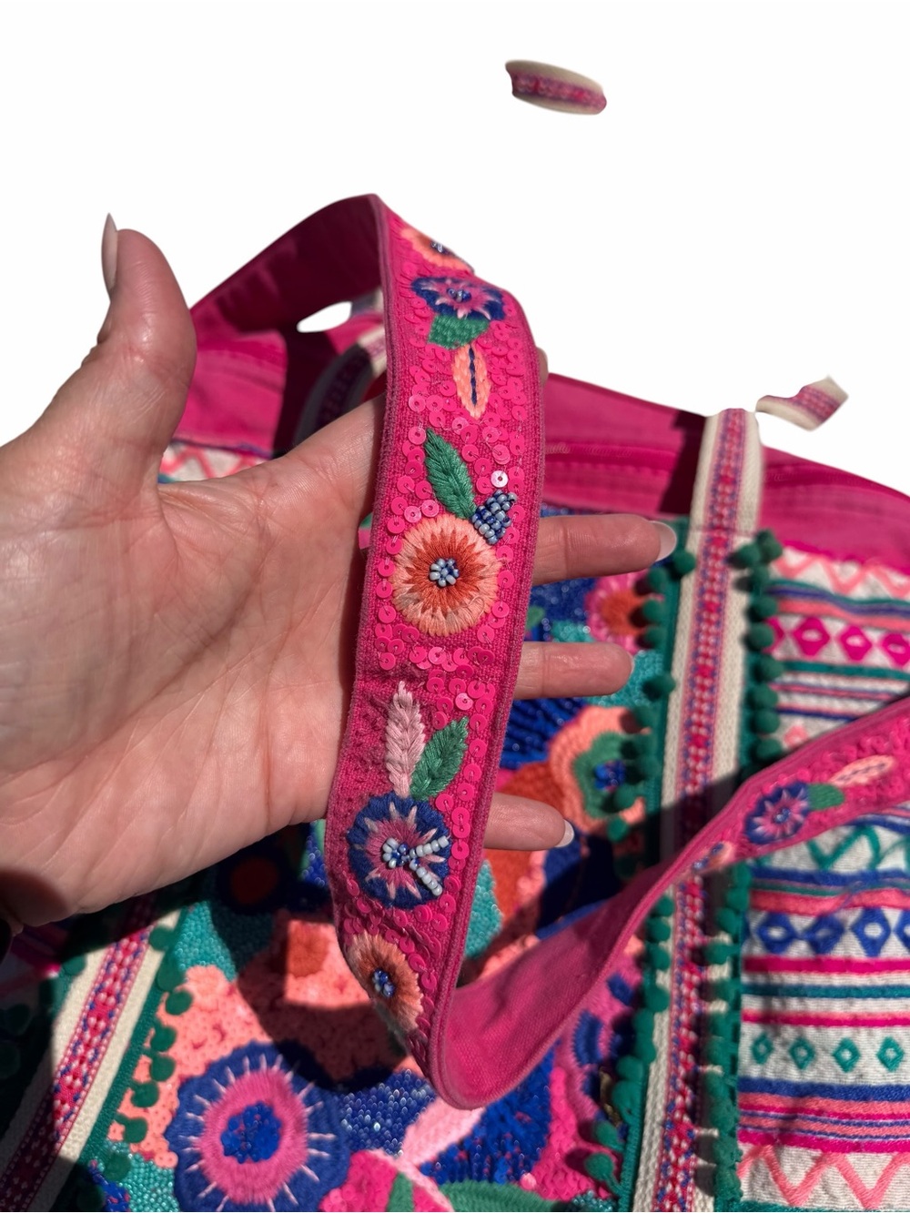 Boho Embroidered Pink Tote Bag - Picture 3 of 4